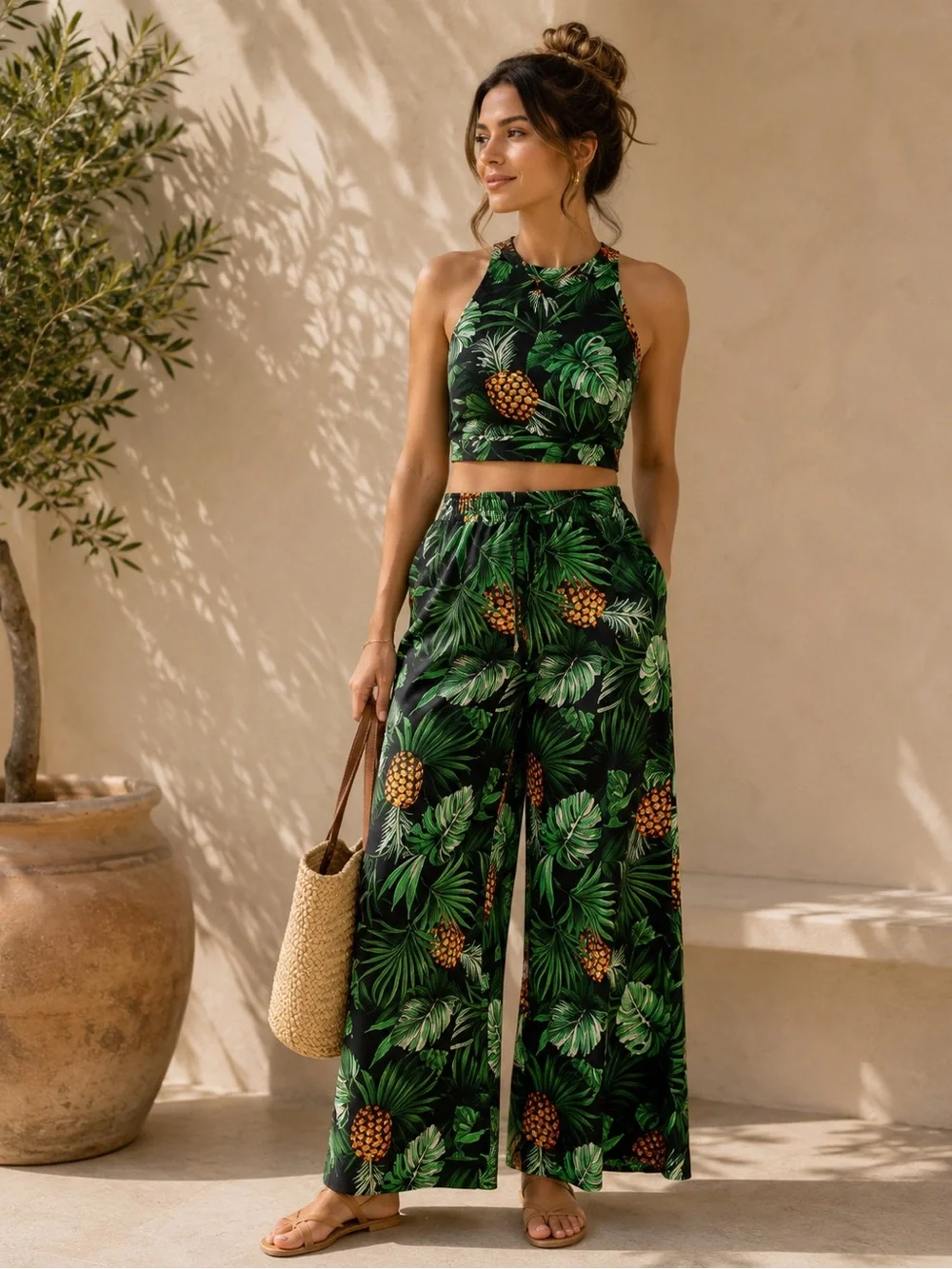 NWT Tropical Pineapple Print Crop Top Wide Leg Pants Set Resort Size L